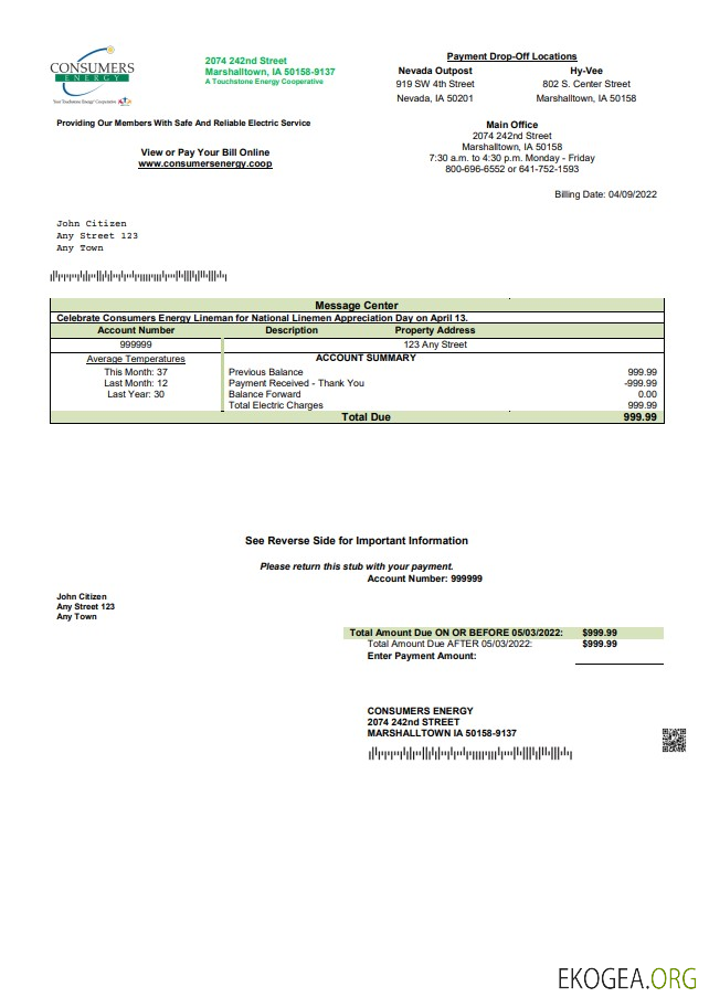 USA Consumers Energy utility bill template in Word and PDF format